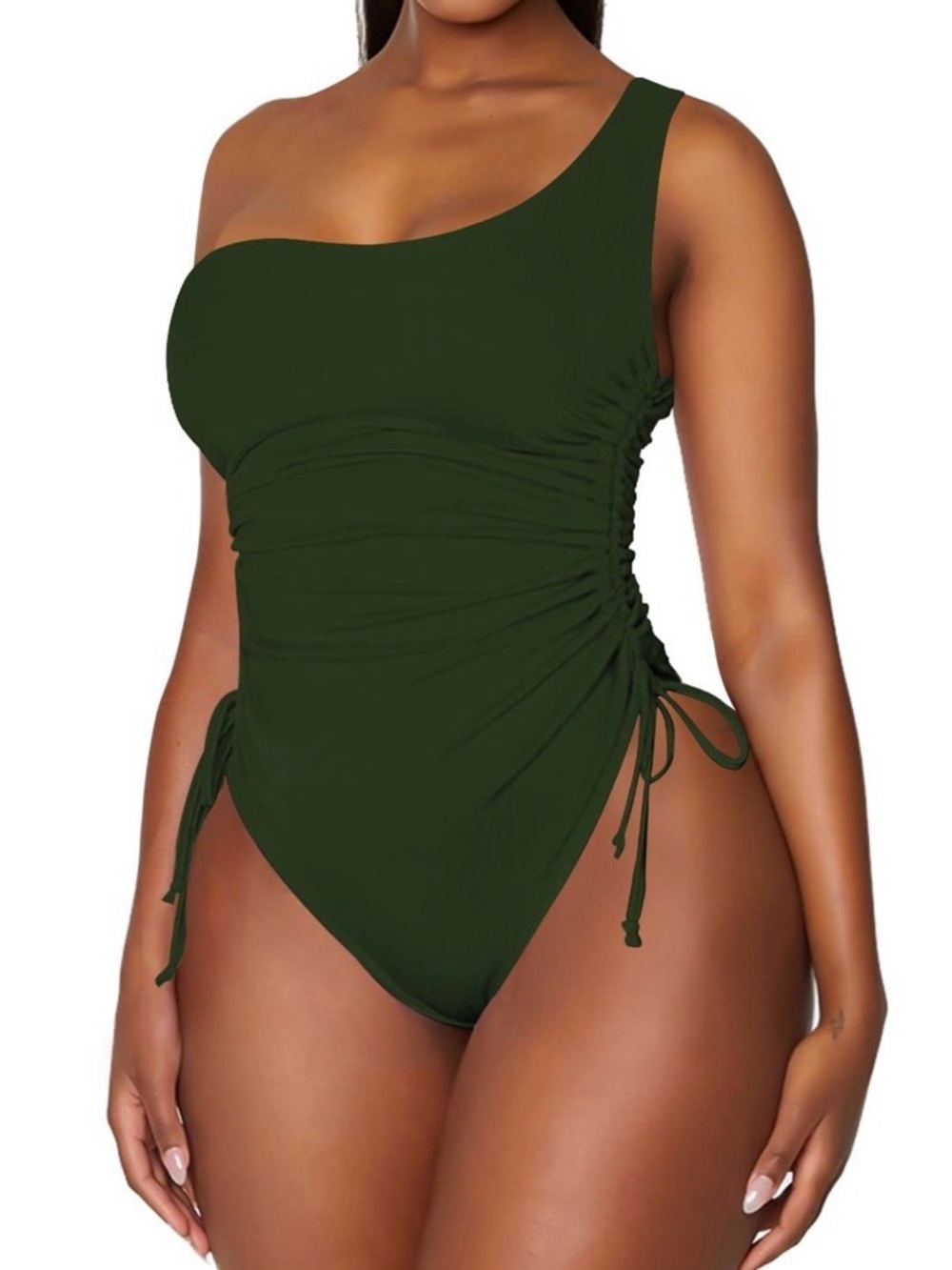 One-Shoulder Ruched One-Piece Swimsuit - Olive Green